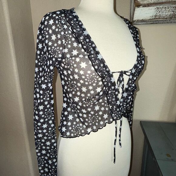 Free People Star Print Tie Front Sheer Long Sleeve Marne Top Black White Size XS - Picture 7 of 16